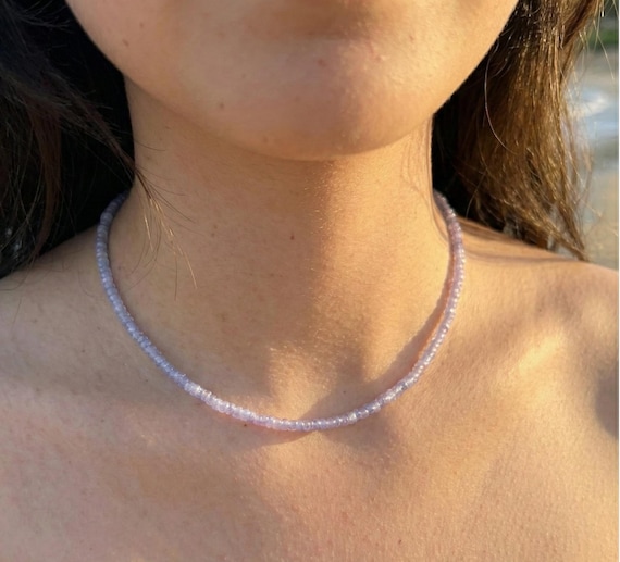Pastel Lilac Beaded Necklace, Tiny Seed Bead Necklace, Handmade Minimalist Jewelry