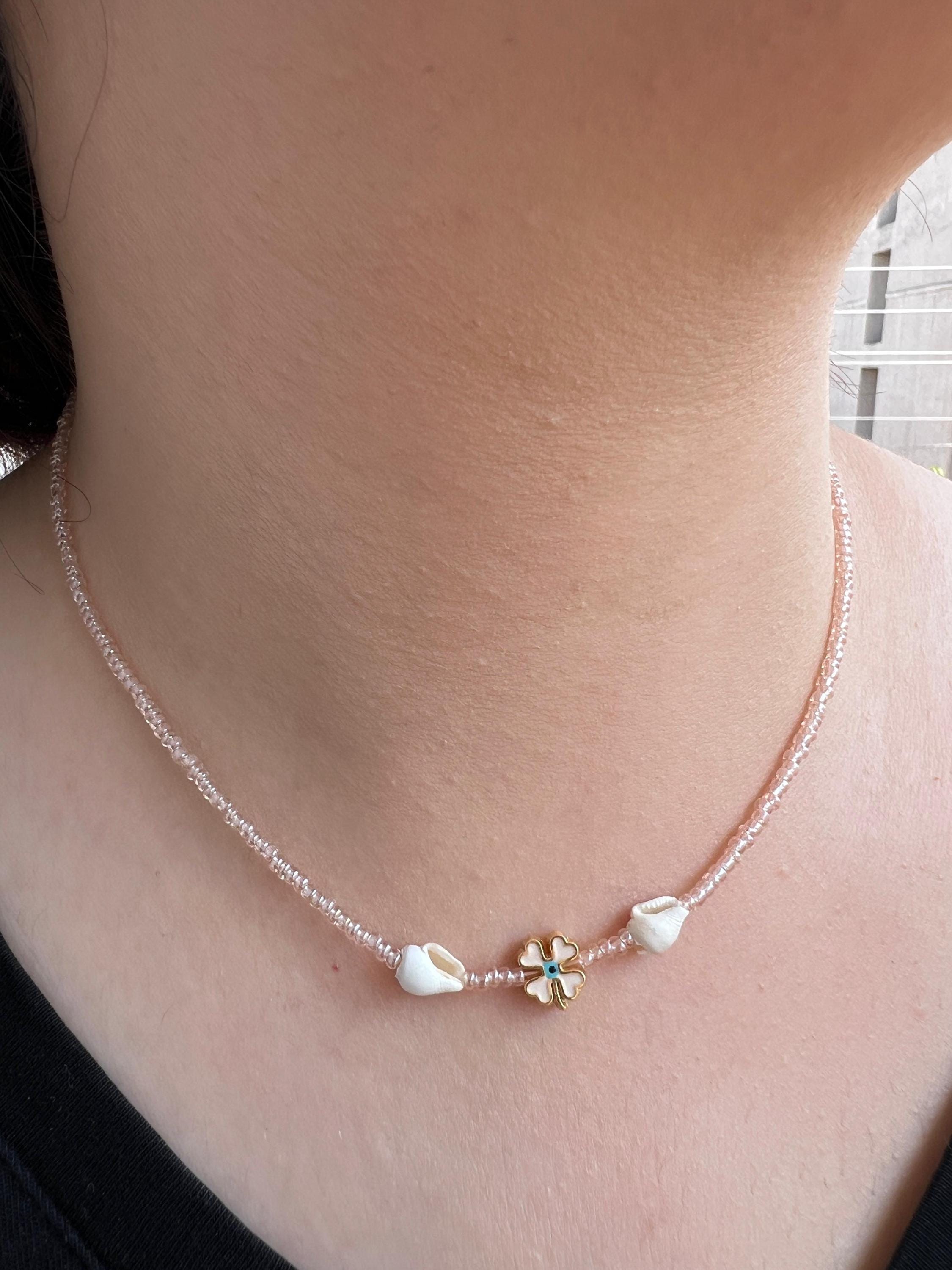 Pink Glass Bead Necklace: Gold Clover Charm & Shell Accents  display picture 1