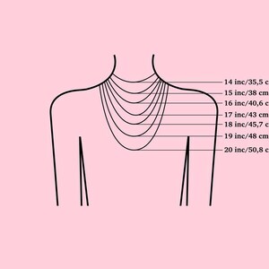 K&ouml;nnte beinhalten: Ein Diagramm, das Halskettenl&auml;ngen von 35,5 cm bis 50,8 cm auf einer stilisierten Torso-Umrisslinie zeigt. Das Bild hat einen rosa Hintergrund und schwarze Linien, die die Halskettenl&auml;ngen angeben.
