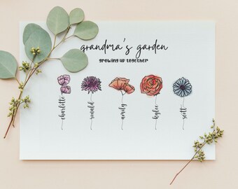 Grandma’s Garden Custom Poster | Personalized Watercolor Birth Month Flower Mothers Day Print Family Name Sign Grandparents Last Minute Gift