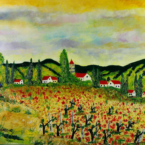 Village Provençal - Peinture à l'huile au Couteau  -  65cm x 54cm