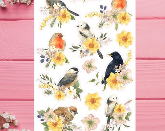 Garden Birds in Spring Flowers, Stickers for Nature Journal, Garden Birds Spring Blossoms Sticker Sheet,  Spring Flowers Daffodils