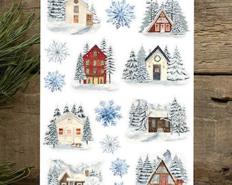 Winter Village Sticker Sheet, Snowy Winter Wonderland Landscapes, Winter Houses Stickers, Snowy Village Journal Stickers, Seasonal Stickers
