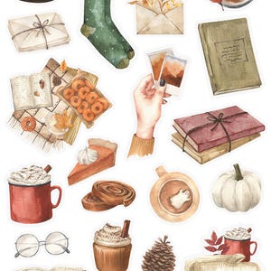 May include: A set of watercolor illustrations featuring cozy autumn evening themes. The illustrations include a mug of hot chocolate with marshmallows, a pumpkin, a book, a candle, a pie, a cupcake, a pair of socks, a cup of coffee, and a stack of books. The illustrations are perfect for adding a touch of autumn charm to your projects.