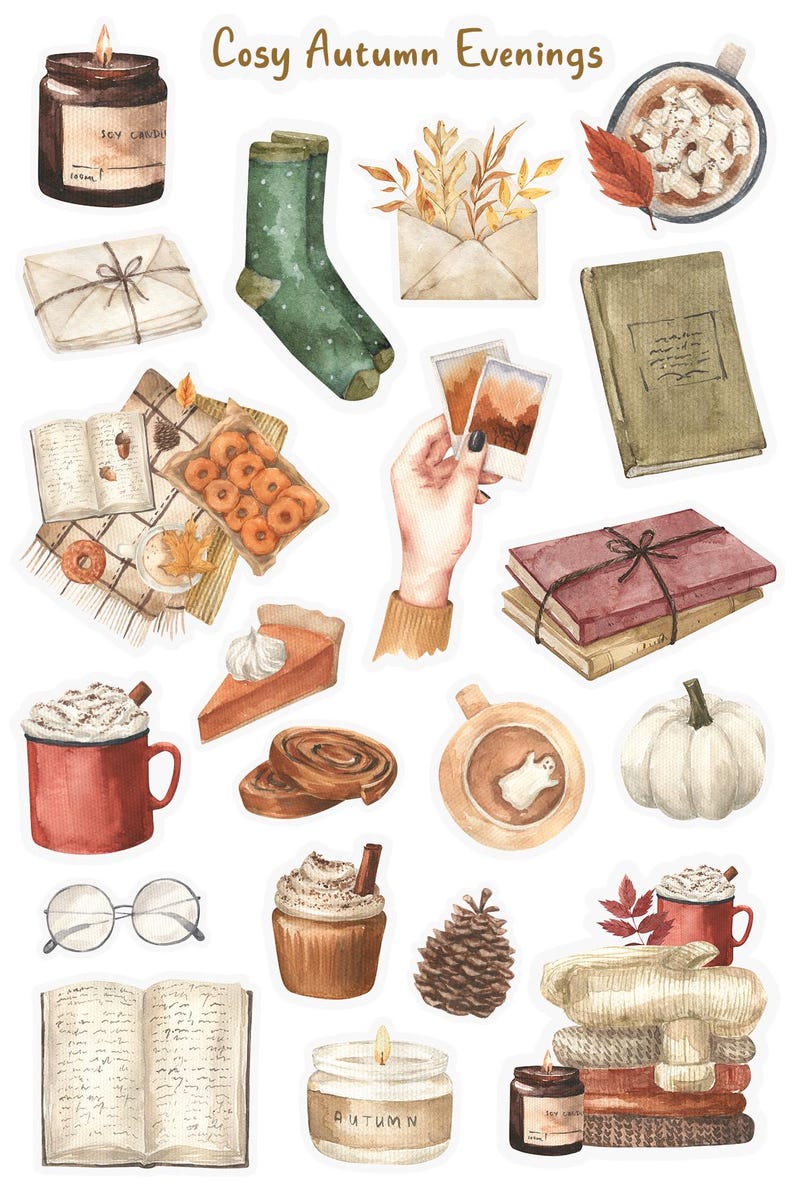 May include: A set of watercolor illustrations featuring cozy autumn evening themes. The illustrations include a mug of hot chocolate with marshmallows, a pumpkin, a book, a candle, a pie, a cupcake, a pair of socks, a cup of coffee, and a stack of books. The illustrations are perfect for adding a touch of autumn charm to your projects.
