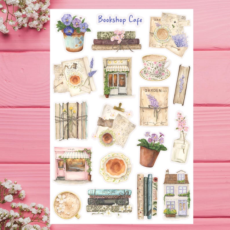 Bookshop Cafe Sticker Sheet, Reading Journal Stickers, Reading Planner ...