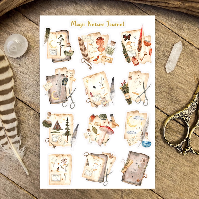 May include: A sheet of 12 watercolor stickers featuring nature-themed illustrations. The stickers are on a white background and feature images of leaves, flowers, mushrooms, and other natural elements. The stickers are labeled "Magic Nature Journal".