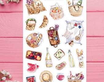 Picnic Sticker Sheet, Summer Stickers, Summer Food Stickers, Summer Themed Stickers, Outdoor Party Stickers, Summer Planner Stickers