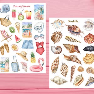 May include: Two sheets of stickers with summer and seashell themes. The summer sheet features a camera, popsicle, cocktail, sunglasses, sandals, a suitcase, a flamingo float, and more. The seashell sheet features a variety of seashells in different colors and shapes.