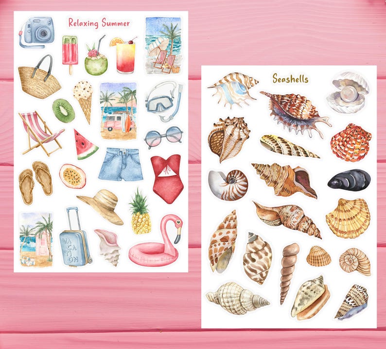 May include: Two sheets of stickers with summer and seashell themes. The summer sheet features a camera, popsicle, cocktail, sunglasses, sandals, a suitcase, a flamingo float, and more. The seashell sheet features a variety of seashells in different colors and shapes.