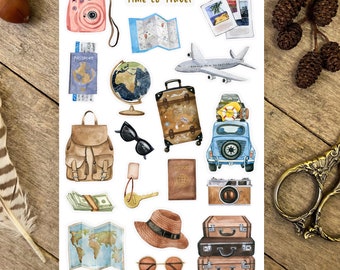 May include: A set of travel themed stickers featuring a passport, airplane, luggage, camera, map, sunglasses, hat, and more. The stickers are printed on white paper with a watercolor style.