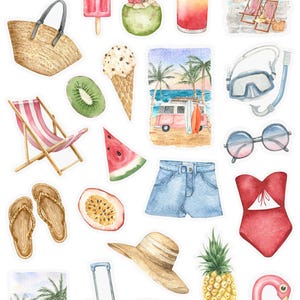 May include: A set of watercolor illustrations featuring summer vacation themes. The illustrations include a camera, a beach chair, a watermelon slice, a pineapple, a seashell, a suitcase, a flamingo float, a coconut, a popsicle, a cocktail, a pair of sunglasses, a diving mask, a hat, a basket, a kiwi, an ice cream cone, a pair of flip flops, a passion fruit, a pair of shorts, a swimsuit, and a beach scene with palm trees.