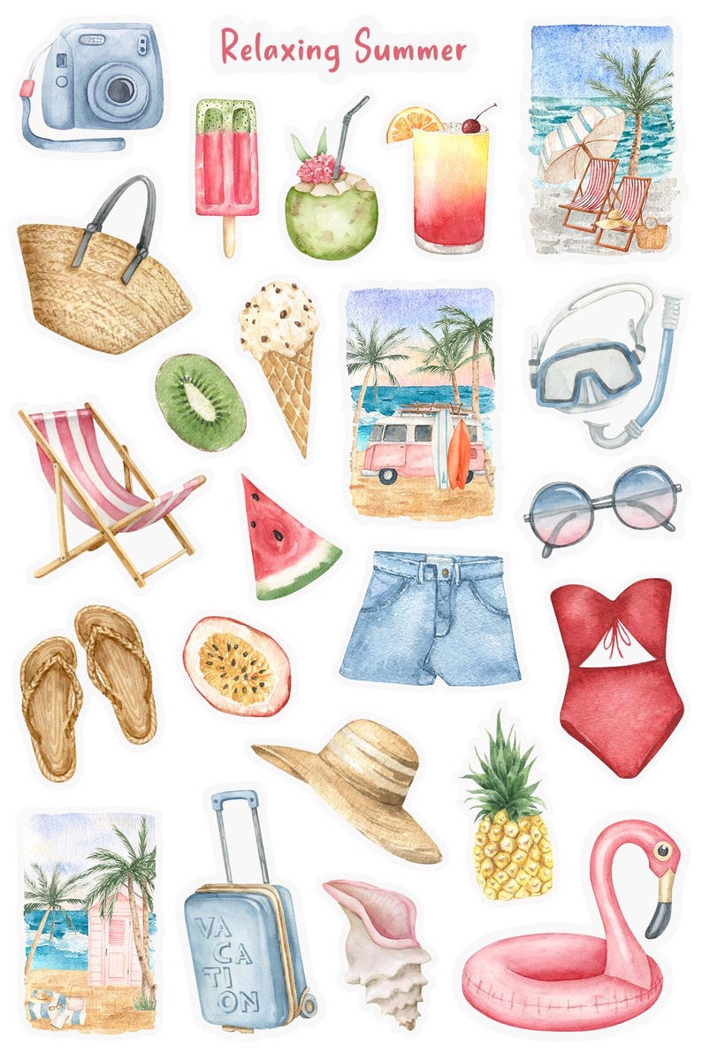 May include: A set of watercolor illustrations featuring summer vacation themes. The illustrations include a camera, a beach chair, a watermelon slice, a pineapple, a seashell, a suitcase, a flamingo float, a coconut, a popsicle, a cocktail, a pair of sunglasses, a diving mask, a hat, a basket, a kiwi, an ice cream cone, a pair of flip flops, a passion fruit, a pair of shorts, a swimsuit, and a beach scene with palm trees.