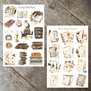 May include: Two sheets of stickers featuring vintage book nook and magic nature journal themes. The book nook sheet features illustrations of books, candles, a cat, and other whimsical details. The magic nature journal sheet features illustrations of feathers, mushrooms, and other nature-inspired elements. Both sheets have a white background.