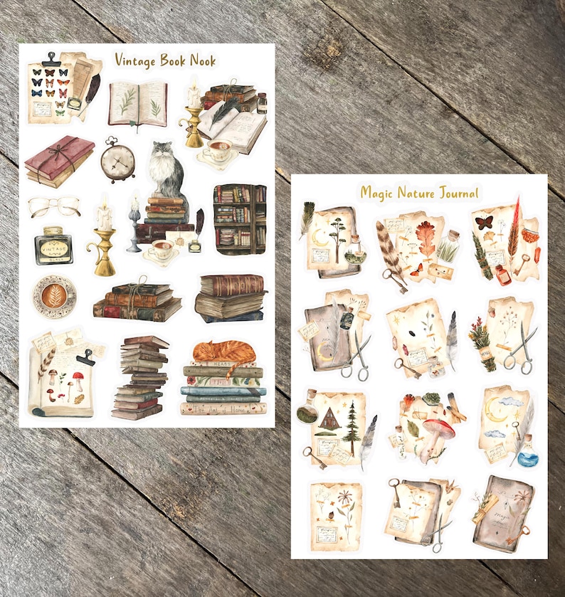 May include: Two sheets of stickers featuring vintage book nook and magic nature journal themes. The book nook sheet features illustrations of books, candles, a cat, and other whimsical details. The magic nature journal sheet features illustrations of feathers, mushrooms, and other nature-inspired elements. Both sheets have a white background.