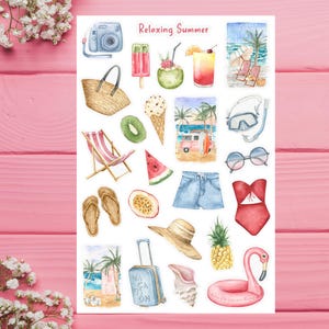 May include: A sheet of stickers with a summer theme. The stickers feature images of a camera, ice cream, a pineapple, a watermelon slice, a beach chair, a suitcase, a seashell, a flamingo float, a pair of flip flops, a straw hat, a coconut, a glass of juice, a pair of sunglasses, a swimsuit, a pair of scuba goggles, a basket, a kiwi, a beach scene, and a pair of denim shorts. The sheet is titled "Relaxing Summer".