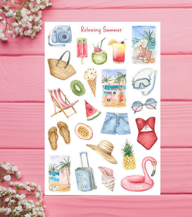 May include: A sheet of stickers with a summer theme. The stickers feature images of a camera, ice cream, a pineapple, a watermelon slice, a beach chair, a suitcase, a seashell, a flamingo float, a pair of flip flops, a straw hat, a coconut, a glass of juice, a pair of sunglasses, a swimsuit, a pair of scuba goggles, a basket, a kiwi, a beach scene, and a pair of denim shorts. The sheet is titled "Relaxing Summer".