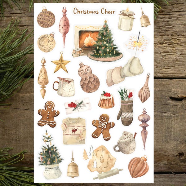 Christmas Cheer Sticker Sheet, Festive Stickers, Winter Holiday Stickers, Merry Christmas Stickers, Journaling Stickers, Seasonal Stickers
