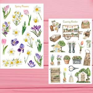 May include: Two sheets of stickers featuring watercolor illustrations. The first sheet has the text "Spring Flowers" and features various flowers including daffodils, hyacinths, crocuses, and tulips. The second sheet has the text "Country Garden" and features various garden items including a wheelbarrow, a watering can, a pair of boots, and a small house.