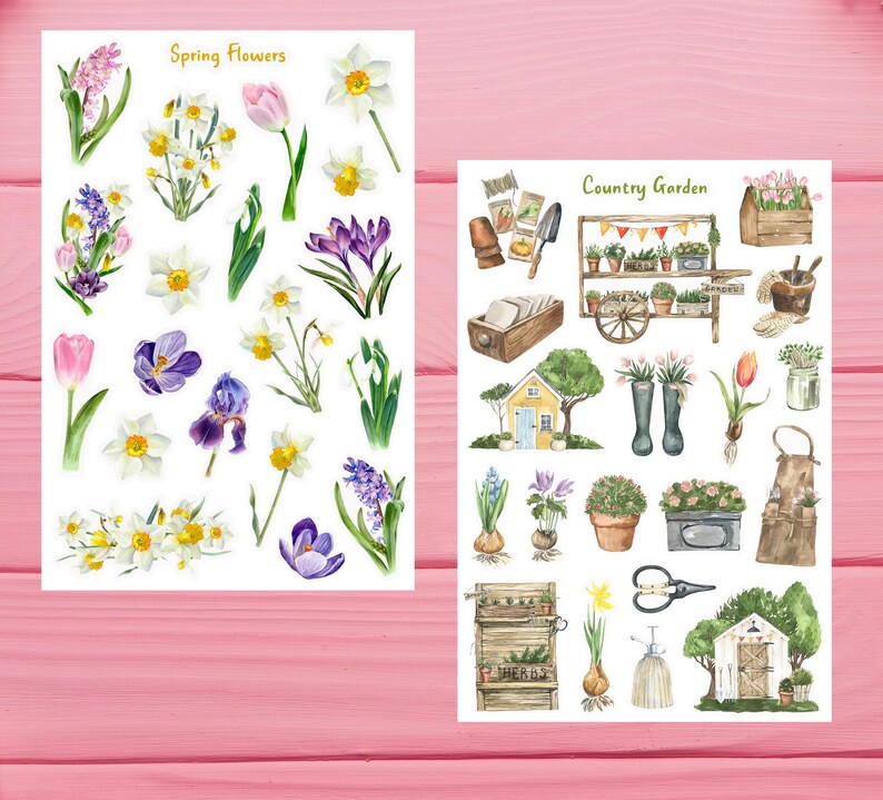 May include: Two sheets of stickers featuring watercolor illustrations. The first sheet has the text "Spring Flowers" and features various flowers including daffodils, hyacinths, crocuses, and tulips. The second sheet has the text "Country Garden" and features various garden items including a wheelbarrow, a watering can, a pair of boots, and a small house.