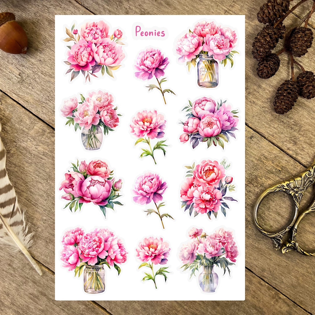 Peonies Sticker Sheet, Summer Floral Stickers Sheet, Peony Themed ...