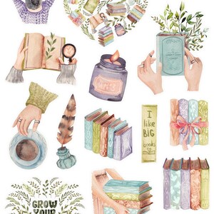 May include: A watercolor illustration of various book-themed elements, including a person reading a book, stacks of books, a jar with a candle, a quill and inkwell, a cup of coffee, and a pair of glasses. The illustration features the text "Book Lover" and "Grow Your Mind".