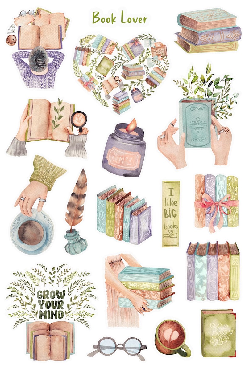 May include: A watercolor illustration of various book-themed elements, including a person reading a book, stacks of books, a jar with a candle, a quill and inkwell, a cup of coffee, and a pair of glasses. The illustration features the text "Book Lover" and "Grow Your Mind".
