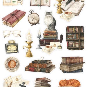 May include: Vintage book nook sticker set featuring a cat, books, candles, teacups, and a clock. The stickers are watercolor illustrations with a vintage aesthetic.