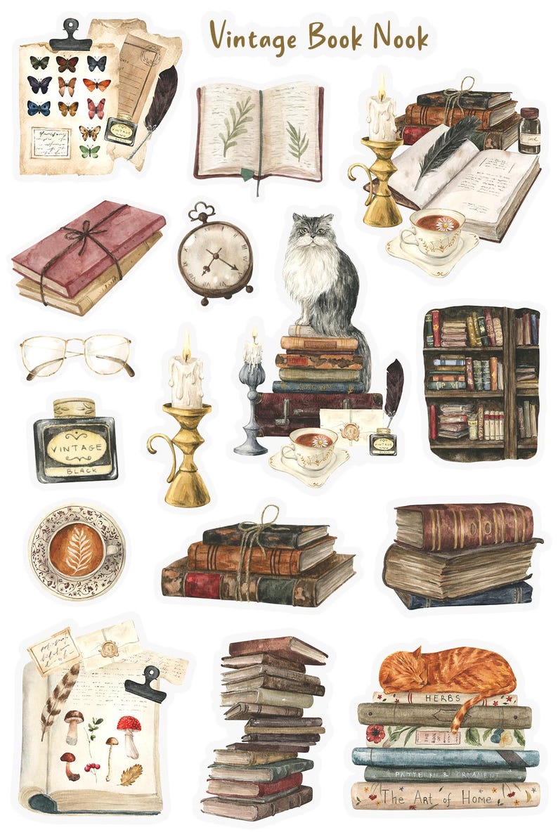 May include: Vintage book nook sticker set featuring a cat, books, candles, teacups, and a clock. The stickers are watercolor illustrations with a vintage aesthetic.