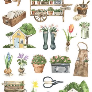May include: Watercolor illustrations of a country garden with various elements, including a wooden garden cart with plants, a small yellow shed, a brown apron, a pair of green rain boots, a glass jar with green plants, a wooden toolbox with pink flowers, a wooden sign that says "GARDEN", and a wooden sign that says "HERBS".