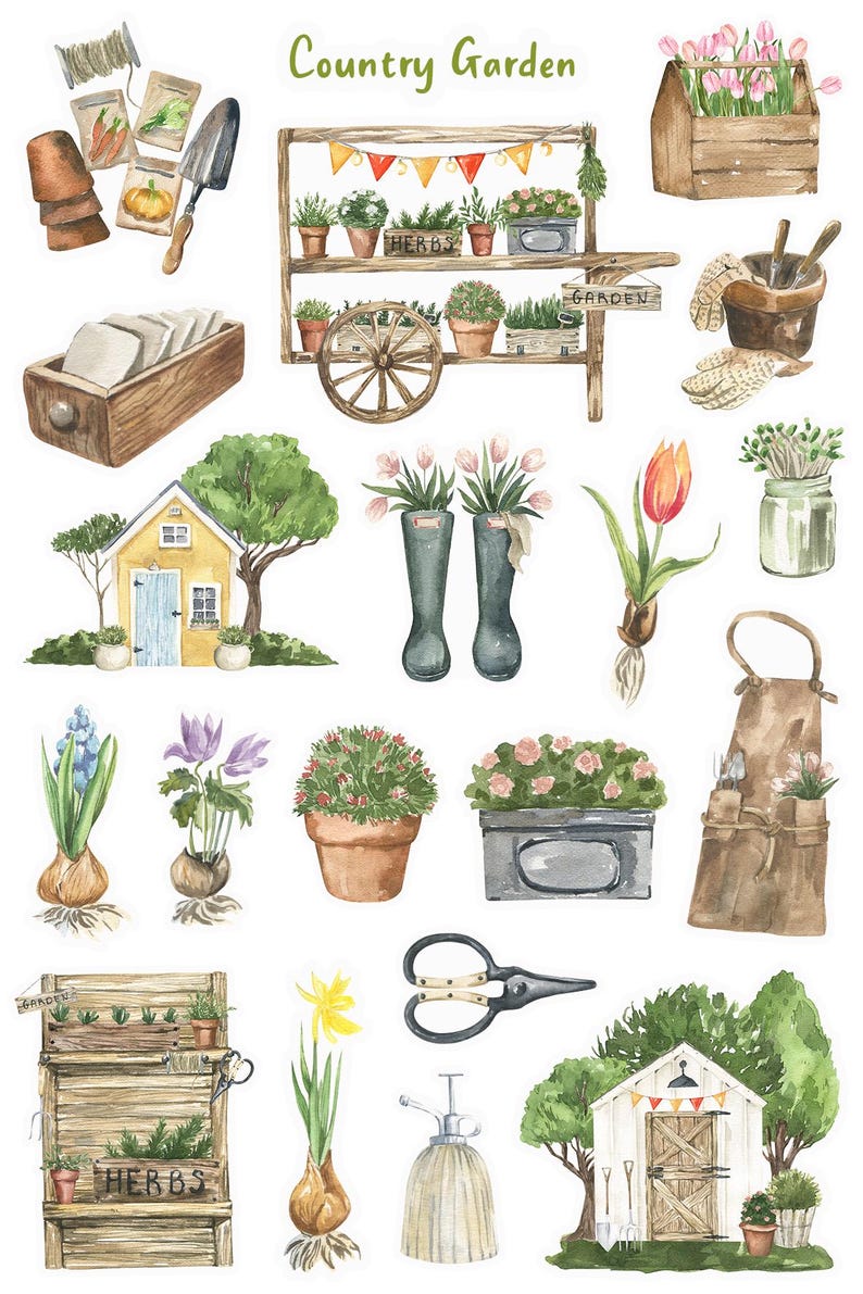 May include: Watercolor illustrations of a country garden with various elements, including a wooden garden cart with plants, a small yellow shed, a brown apron, a pair of green rain boots, a glass jar with green plants, a wooden toolbox with pink flowers, a wooden sign that says "GARDEN", and a wooden sign that says "HERBS".