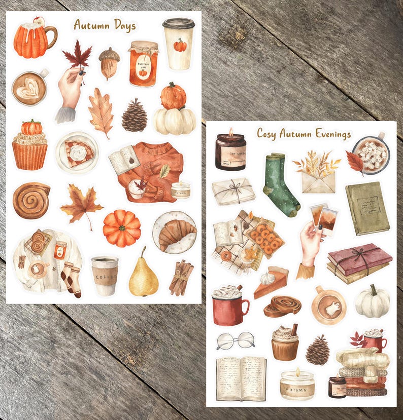 May include: Two sheets of stickers featuring autumn-themed illustrations. The first sheet is titled "Autumn Days" and features images of pumpkins, leaves, coffee, and a sweater. The second sheet is titled "Cosy Autumn Evenings" and features images of candles, books, mugs, and a blanket.
