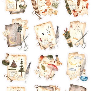 May include: A set of 10 watercolor illustrations featuring vintage style paper with various nature elements, including feathers, keys, mushrooms, herbs, and a crescent moon. The illustrations are perfect for scrapbooking, journaling, or card making.