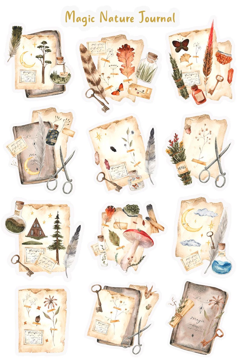 May include: A set of 10 watercolor illustrations featuring vintage style paper with various nature elements, including feathers, keys, mushrooms, herbs, and a crescent moon. The illustrations are perfect for scrapbooking, journaling, or card making.