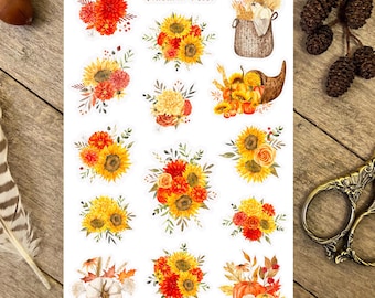 Autumn Florals Sticker Sheet, Autumn Flower Stickers, Sunflower Stickers, Autumn Colours Stickers, Autumn Aesthetic Stickers, Autumn Decor