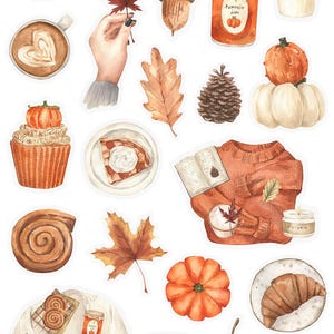 May include: A set of watercolor illustrations featuring autumnal themes, including pumpkins, leaves, coffee, pastries, and cozy sweaters. The text "Autumn Days" is featured at the top of the image.