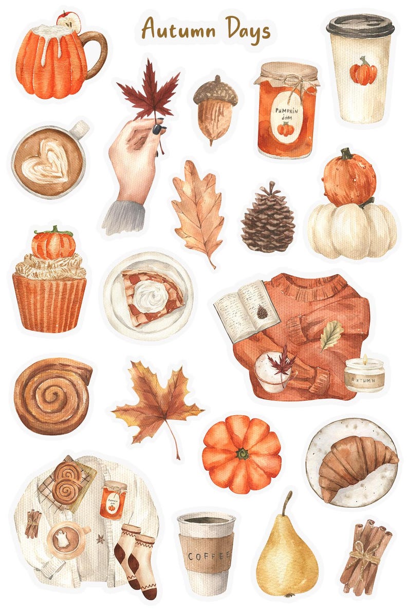 May include: A set of watercolor illustrations featuring autumnal themes, including pumpkins, leaves, coffee, pastries, and cozy sweaters. The text "Autumn Days" is featured at the top of the image.