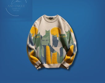 Baggy Loose-Fit Abstract Cat Sillhoutte Print Sweater, Crewncek Sweater, Winter Sweater, Cat Sweater, Boho Sweater, Unisex Knittwear