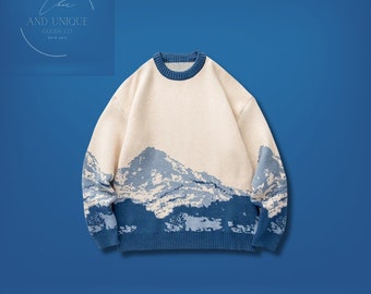 Suéter de punto de gran tamaño, suéter con estampado Snow Mountain, suéter de cuello redondo, suéter casual unisex, suéter vintage Harajuku