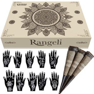 3 Rangeli 100% Natural Henna Cones with Stencil Kit | Temporary Tattoo | Henna Cone | Mehndi Decor | Ready to Use Mehndi Cone for Weddings