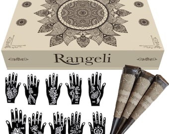 12 Rangeli 100% Natural Henna Cones with Stencil Kit | Temporary Tattoo | Henna Cone | Mehndi Decor | Ready to Use Mehndi Cone for Weddings