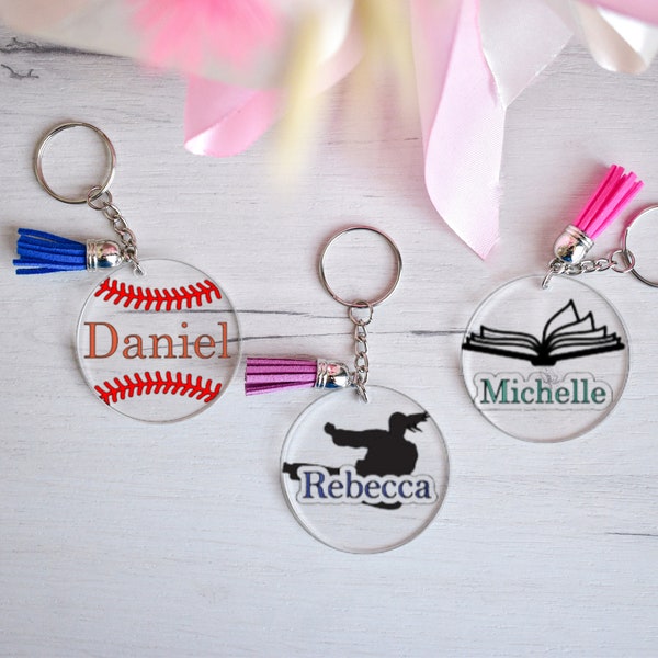 Personalized Acrylic Keychain, Round Keychain Custom Name Keychain with Tassel, Backpack Tag, Teacher Gift