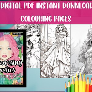 美しい女性の印刷可能な塗り絵ページ、大人の塗り絵、PDF デジタル ダウンロード、魅惑的な美女の塗り絵、塗り絵