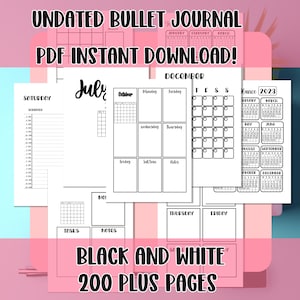 Undated printable bullet journal, printable planner, bujo pages, premade bullet journal pages, PDF printable, 2023, 2024 monotone