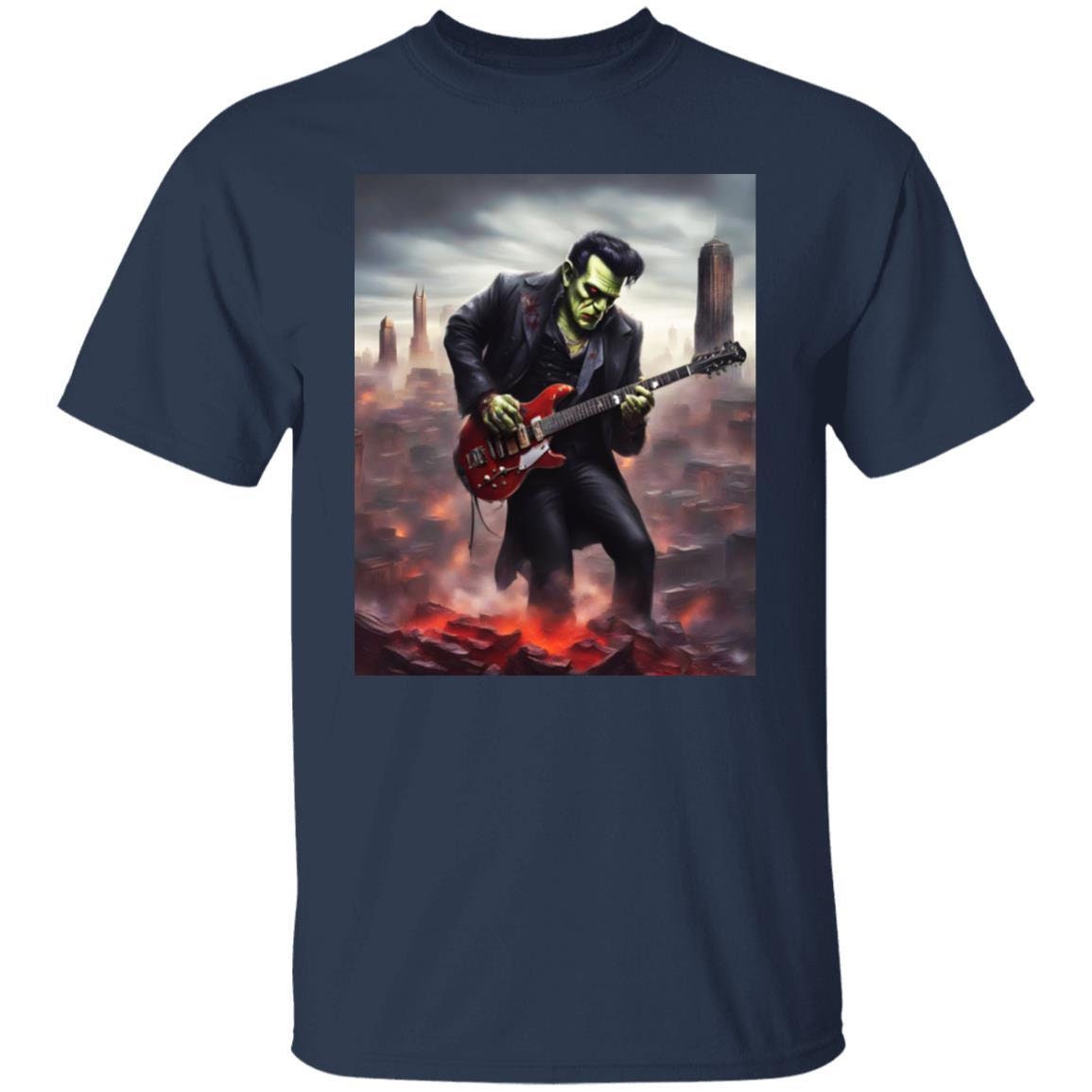 Discover Frankenstein Playing Guitar Elvis Cosplay Gothic Horror Vintage Retro Drawing T-Shirt 82
