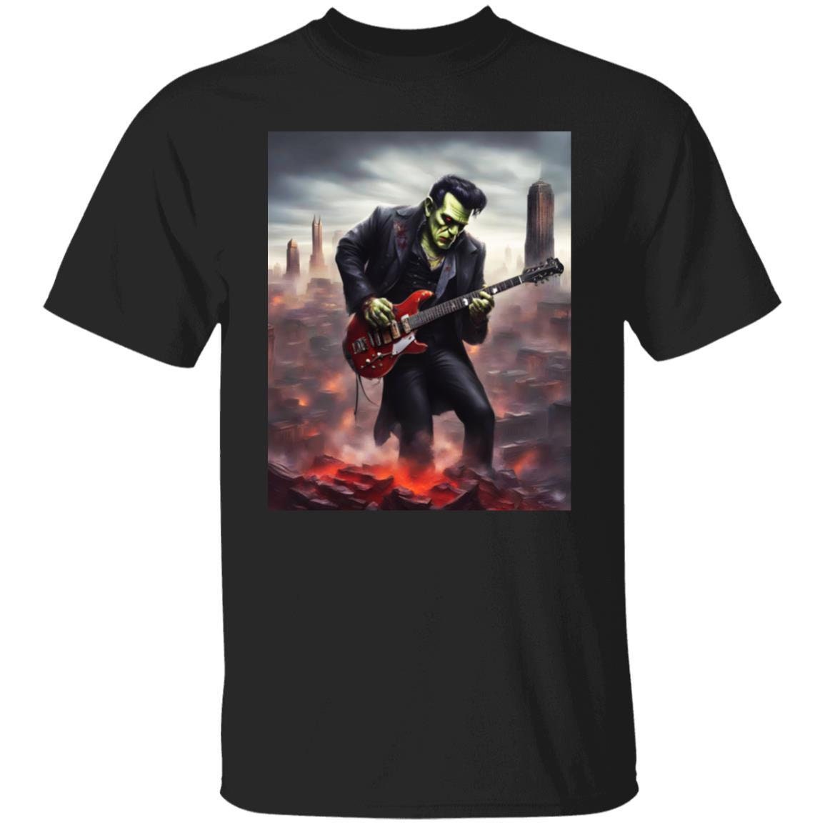 Discover Frankenstein Playing Guitar Elvis Cosplay Gothic Horror Vintage Retro Drawing T-Shirt 82