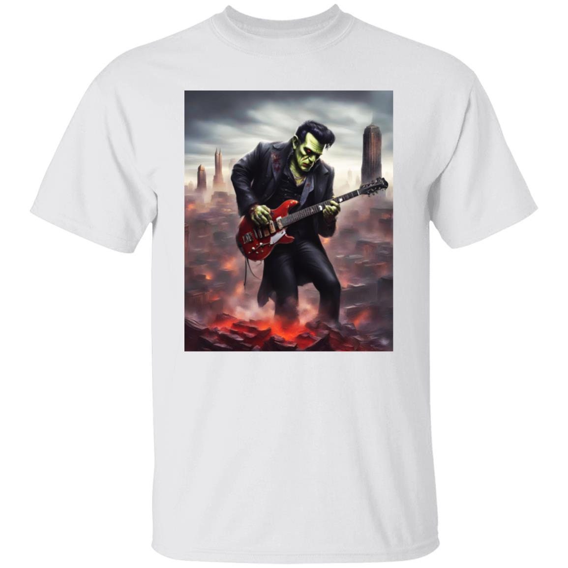 Discover Frankenstein Playing Guitar Elvis Cosplay Gothic Horror Vintage Retro Drawing T-Shirt 82