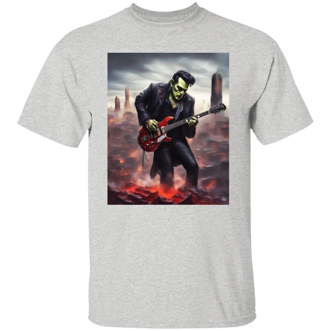 Discover Frankenstein Playing Guitar Elvis Cosplay Gothic Horror Vintage Retro Drawing T-Shirt 82