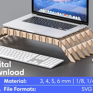 Könnte beinhalten: Ein digitaler Download eines Laptop-Ständer-Designs aus Holz, mit einem weißen Laptop, einer Tastatur und einer Maus. Der Ständer besteht aus mehreren Holzschichten, die ein einzigartiges und modernes Design schaffen. Das Design ist in den Dateiformaten SVG und DXF verfügbar und kann aus 3, 4, 5 oder 6 mm dickem Holz oder 1/8 oder 1/4 Zoll dickem Holz geschnitten werden.