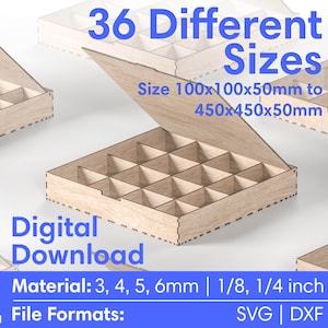Laser Cut Files Box Aufbewahrungsorganisator - Boxen mit Klappdeckel und Fach - 36 Größen - SVG DXF